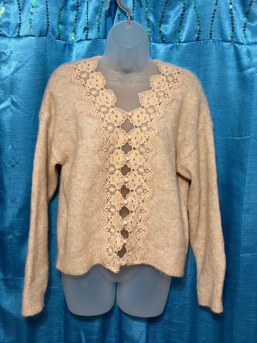 House of Harlow 1960 Mohair Wool Blend Lace Trim Cardigan Sweater Tan M Cottage